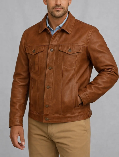Men's Tan Leather Trucker Jacket Custom Leathers