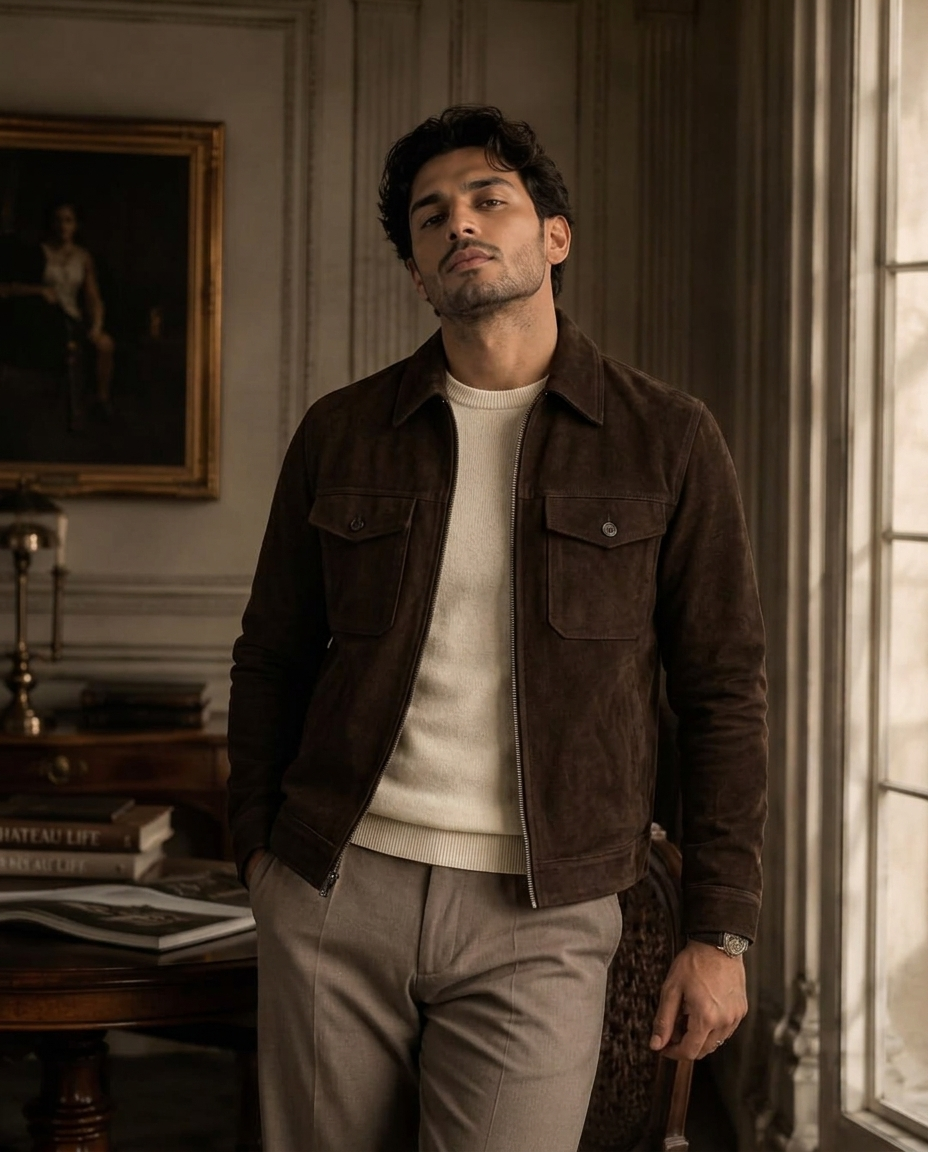 Men's Dark Brown Suede Shirt Collar Jacket