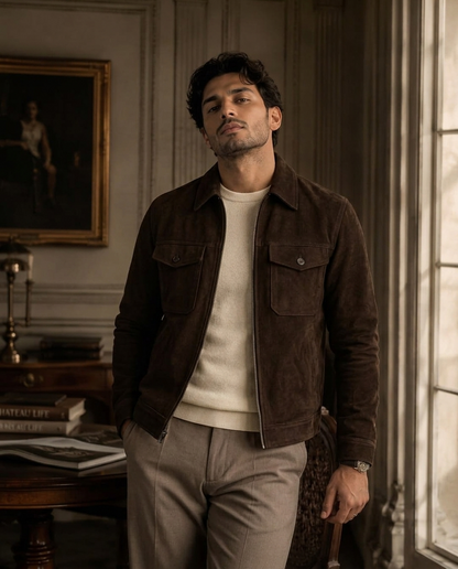 Men's Dark Brown Suede Shirt Collar Jacket