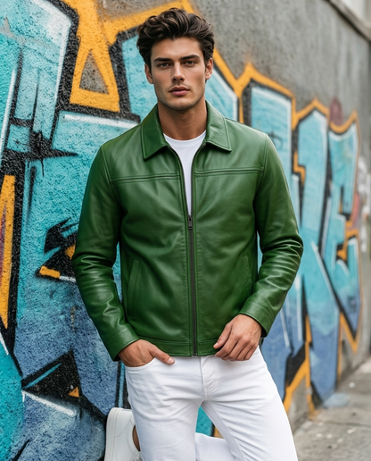 Men's Green Leather Jacket with Classic Zip Closure