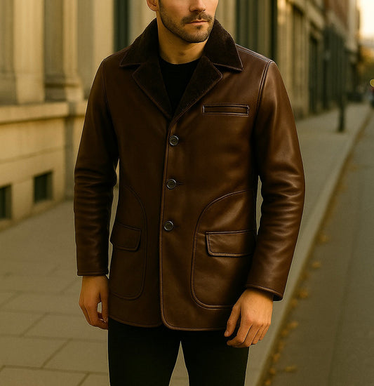 Men's Brown Leather Coat with Shearling Collar