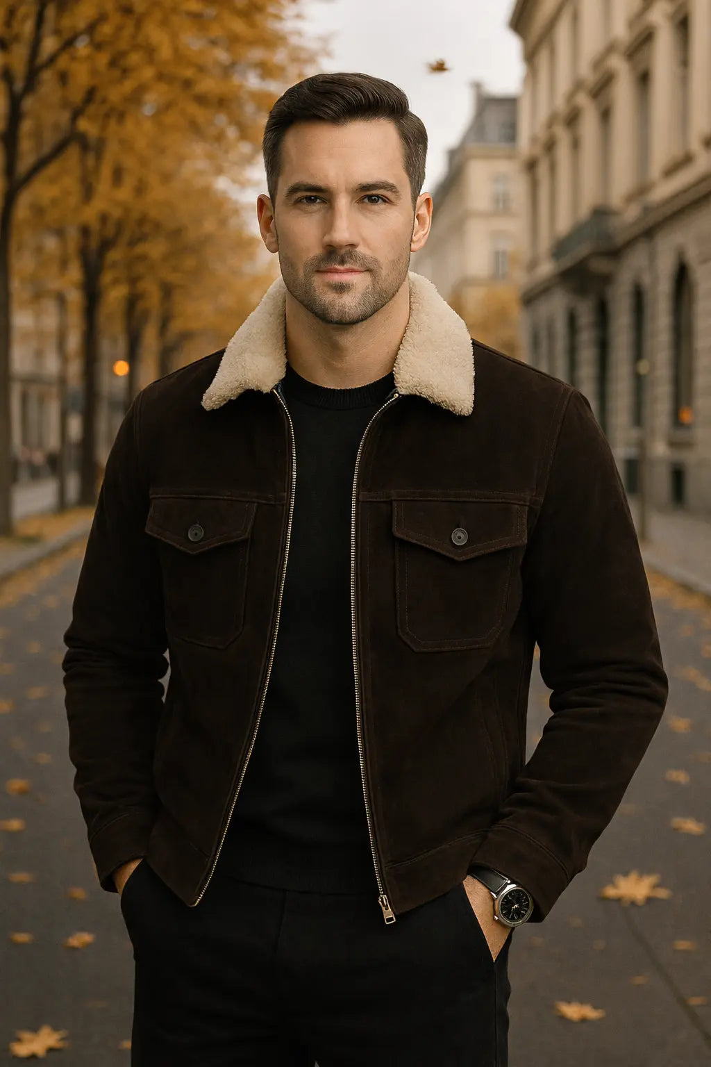 Men's Black Suede Shearling Collar Jacket Custom Leathers