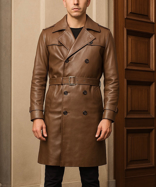 Men's Brown Leather Trench Coat