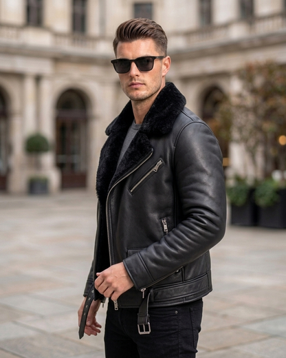 Men's Classic Black Shearling-Lined Aviator Leather Jacket