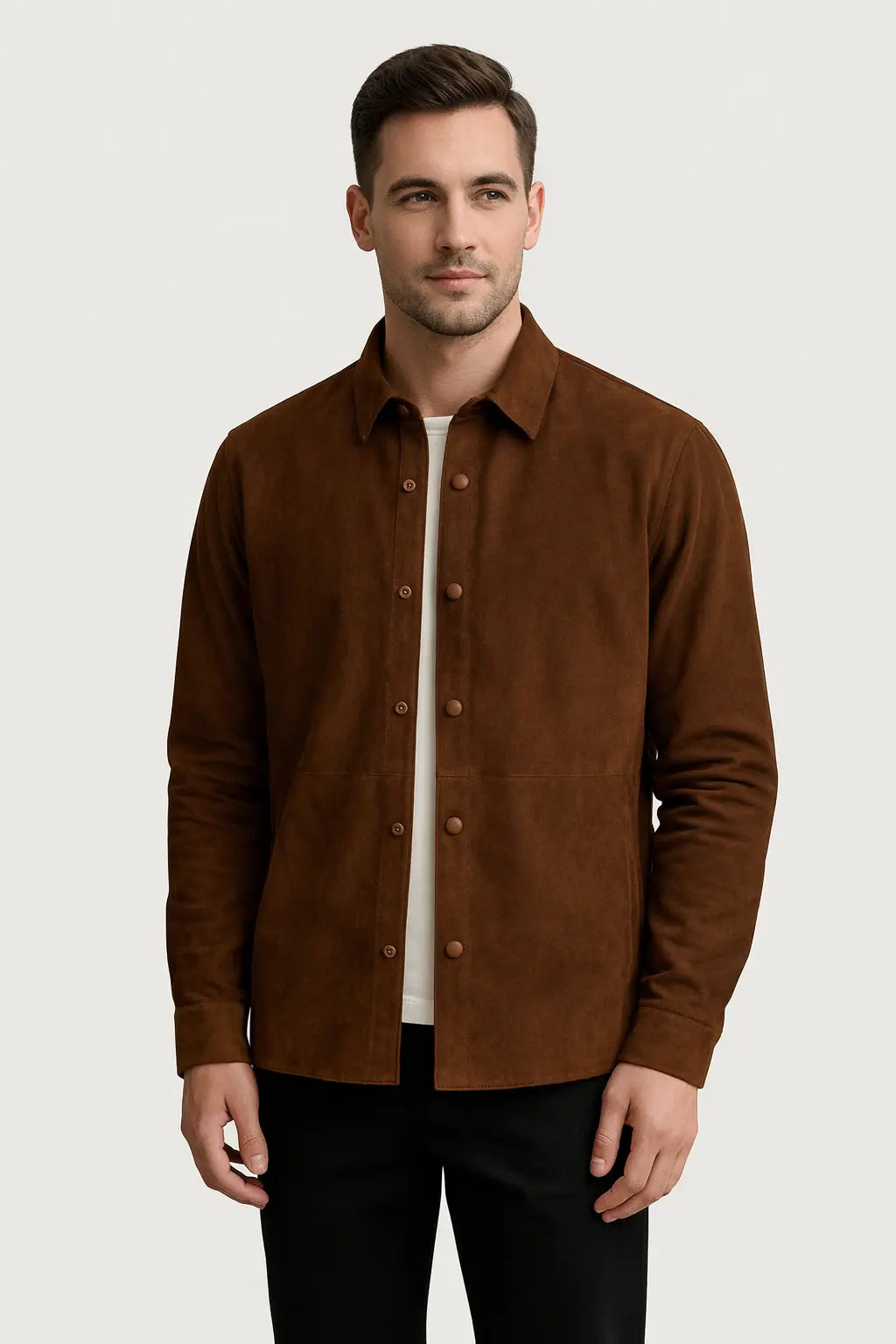 Men's Classic Brown Suede Button-Up Jacket Custom Leathers