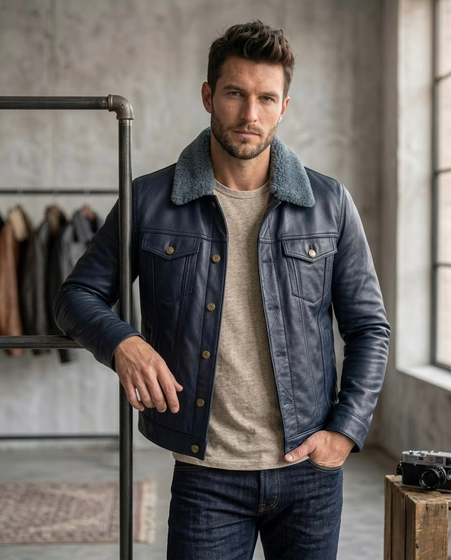 Men's Black Shearling Collar Leather Jacket