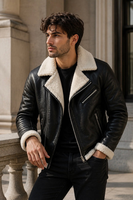 Men's Black Shearling Leather Jacket with White Fur Collar