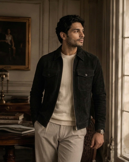 Men's Black Suede Shirt Collar Jacket