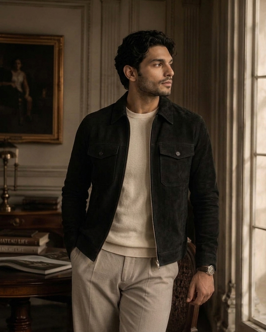 Men's Black Suede Shirt Collar Jacket