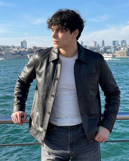 Men's Classic Black Leather Button-Up Jacket