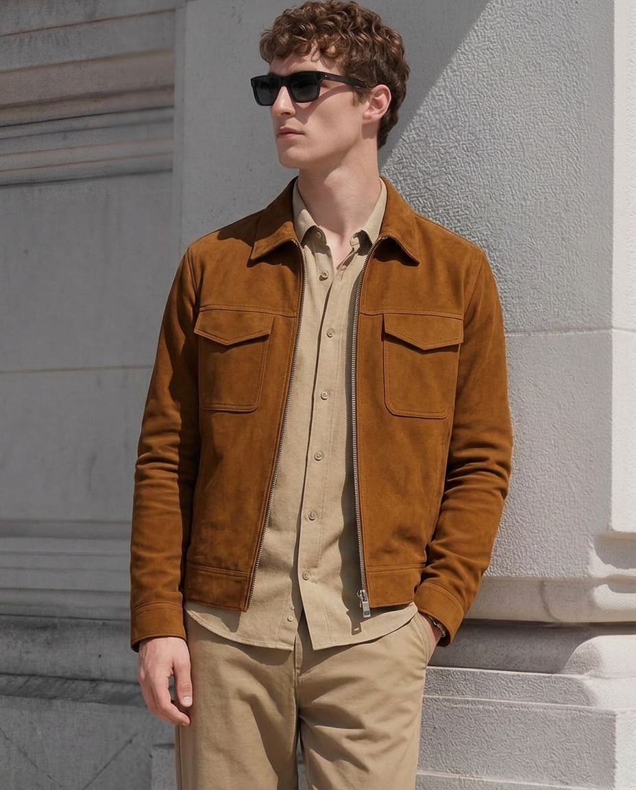 Men's Camel Suede Zip-Up Jacket
