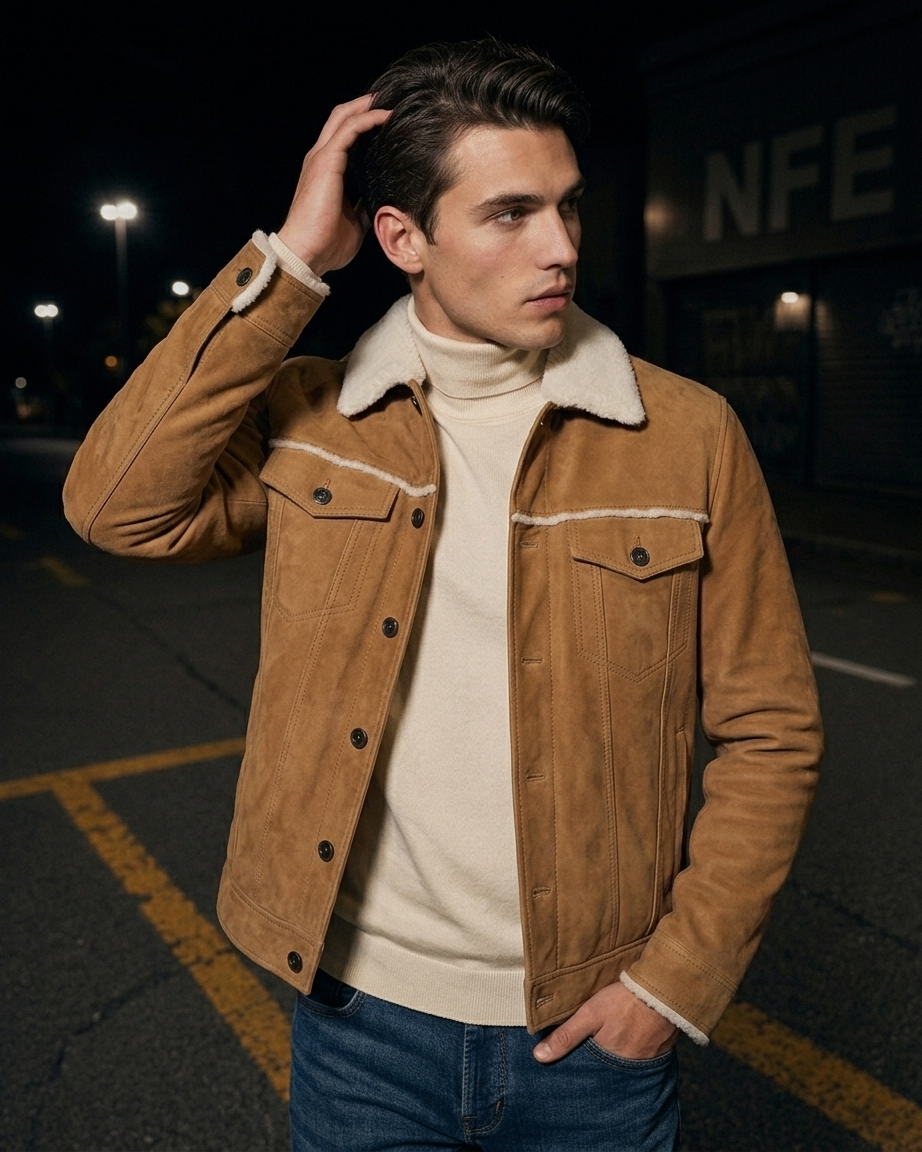 Men's Tan Suede Shearling Collar Jacket