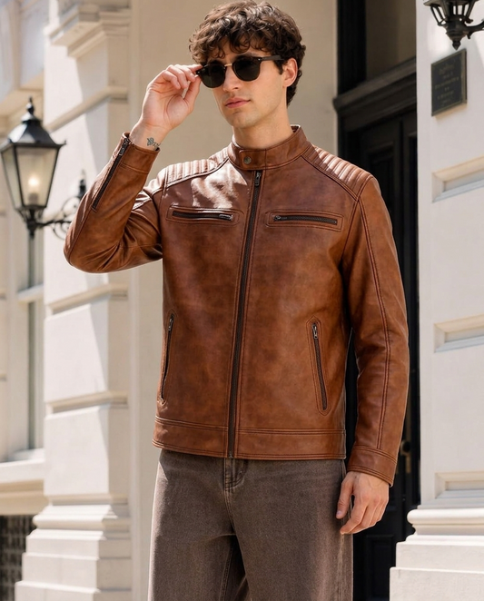 Men's Tan Leather Cafe Racer Jacket