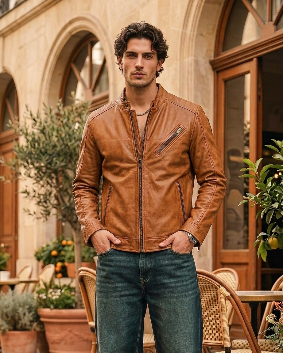 Men's Tan Leather Moto Jacket with Angled Zipper Pocket