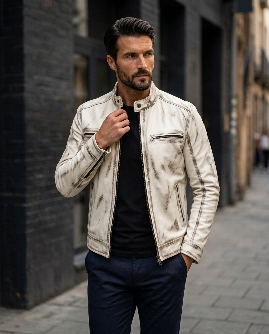 Men's Distressed white Ruff-off  Leather Jacket with Stand Collar