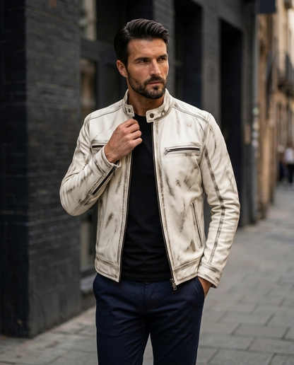 Men's Distressed white Ruff-off  Leather Jacket with Stand Collar