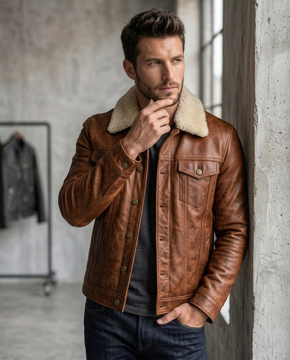 Men's Black Shearling Collar Leather Jacket