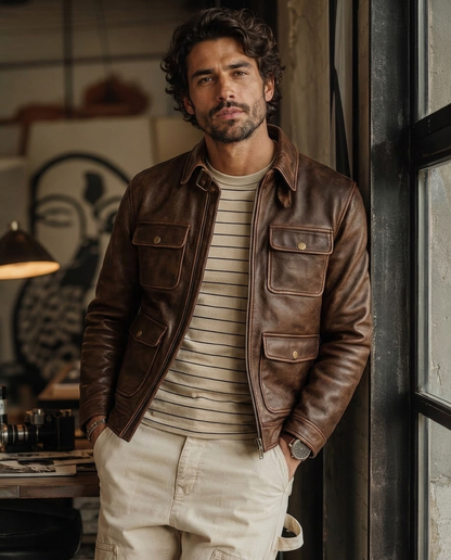 Men's Vintage Brown Leather Field Jacket