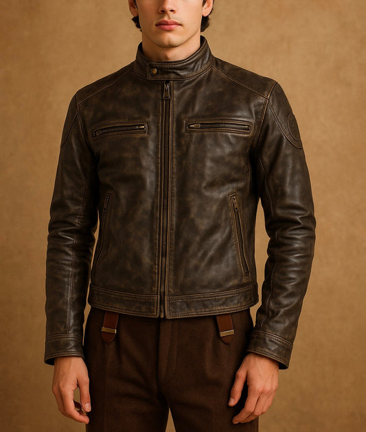 Men's Distressed Brown Leather Biker Jacket