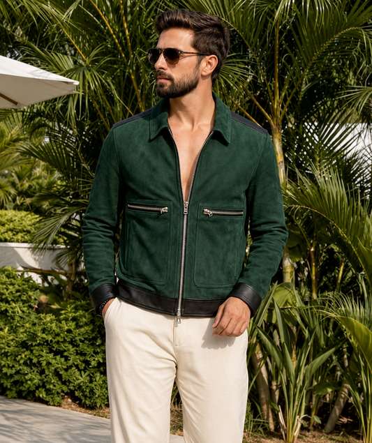 Men's Green Suede Bomber Jacket with Black Leather Trim