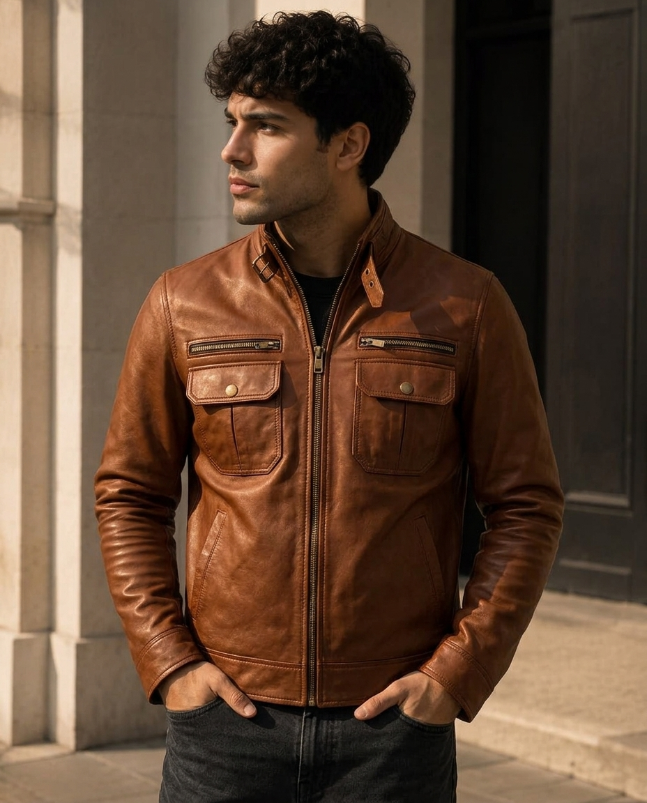 Men's Cognac Brown Leather Jacket with Buckle Collar
