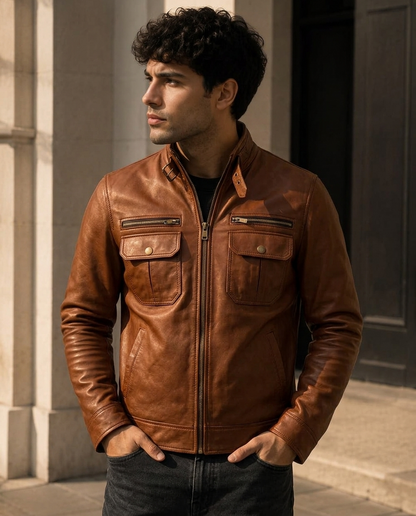Men's Cognac Brown Leather Jacket with Buckle Collar