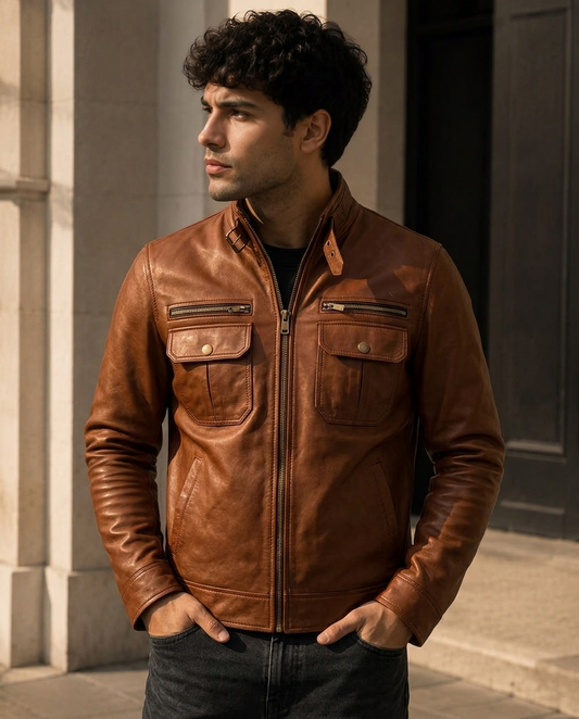 Men's Cognac Brown Leather Jacket with Buckle Collar