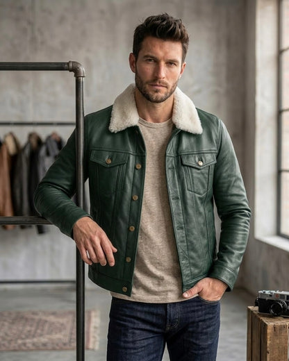 Men's Black Shearling Collar Leather Jacket