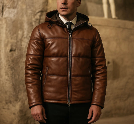 Men's Brown Leather Puffer Jacket with Hood