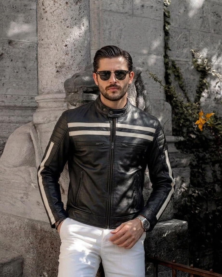 Men's Black Leather Biker Jacket with White Racing Stripes