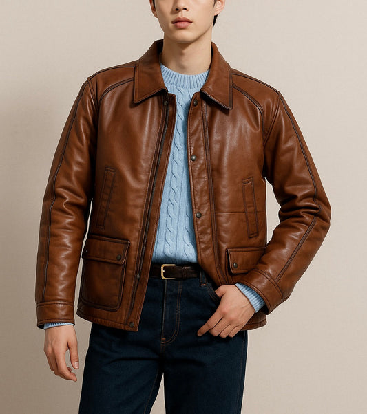 Men's Classic Brown Leather Jacket with Flap Pockets
