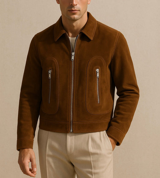 Men's Suede Brown Zip-Up Jacket