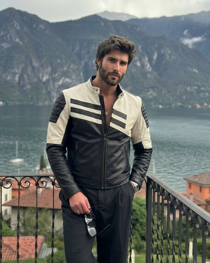 Men's Black and White Biker Leather Jacket