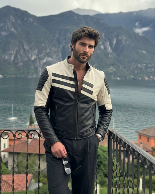 Men's Black and White Biker Leather Jacket
