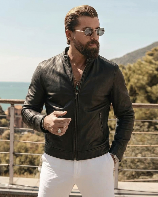 Men's Black Leather Cafe Racer Jacket