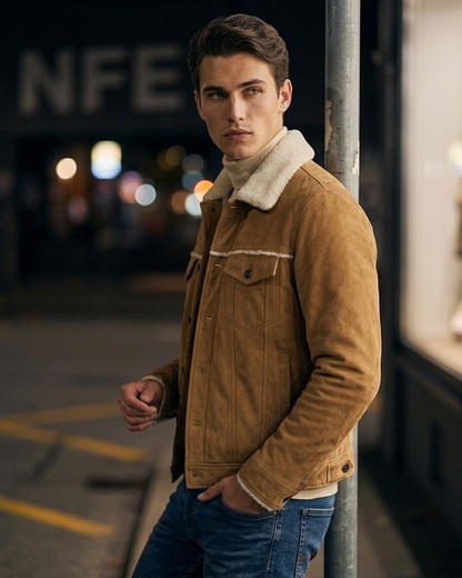 Men's Tan Suede Shearling Collar Jacket