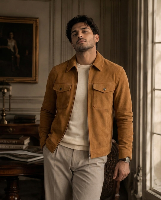 Men's Camel Suede Shirt Collar Jacket