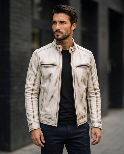 Men's Distressed white Ruff-off  Leather Jacket with Stand Collar