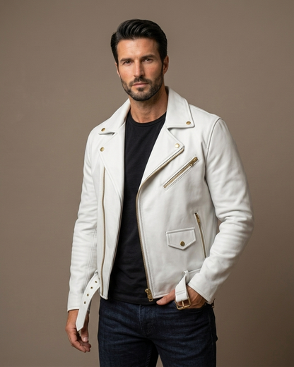 Men's Brown Leather Biker Jacket with Belt