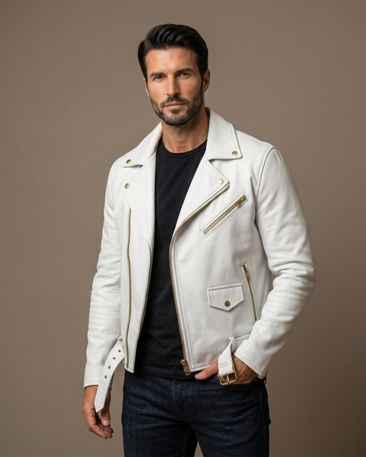 Men's Brown Leather Biker Jacket with Belt