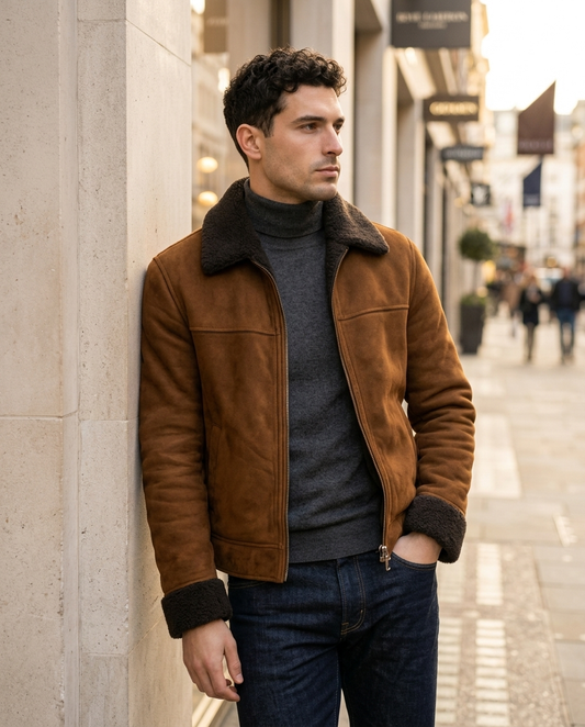 Men's Brown Shearling-Collar Suede Jacket