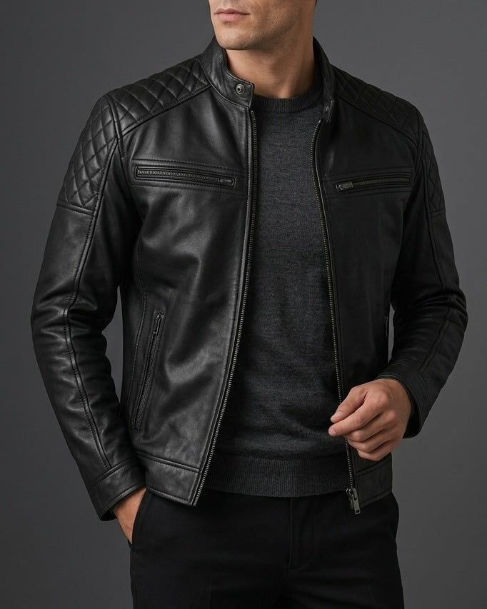 Men's Black Quilted Shoulder Leather Jacket