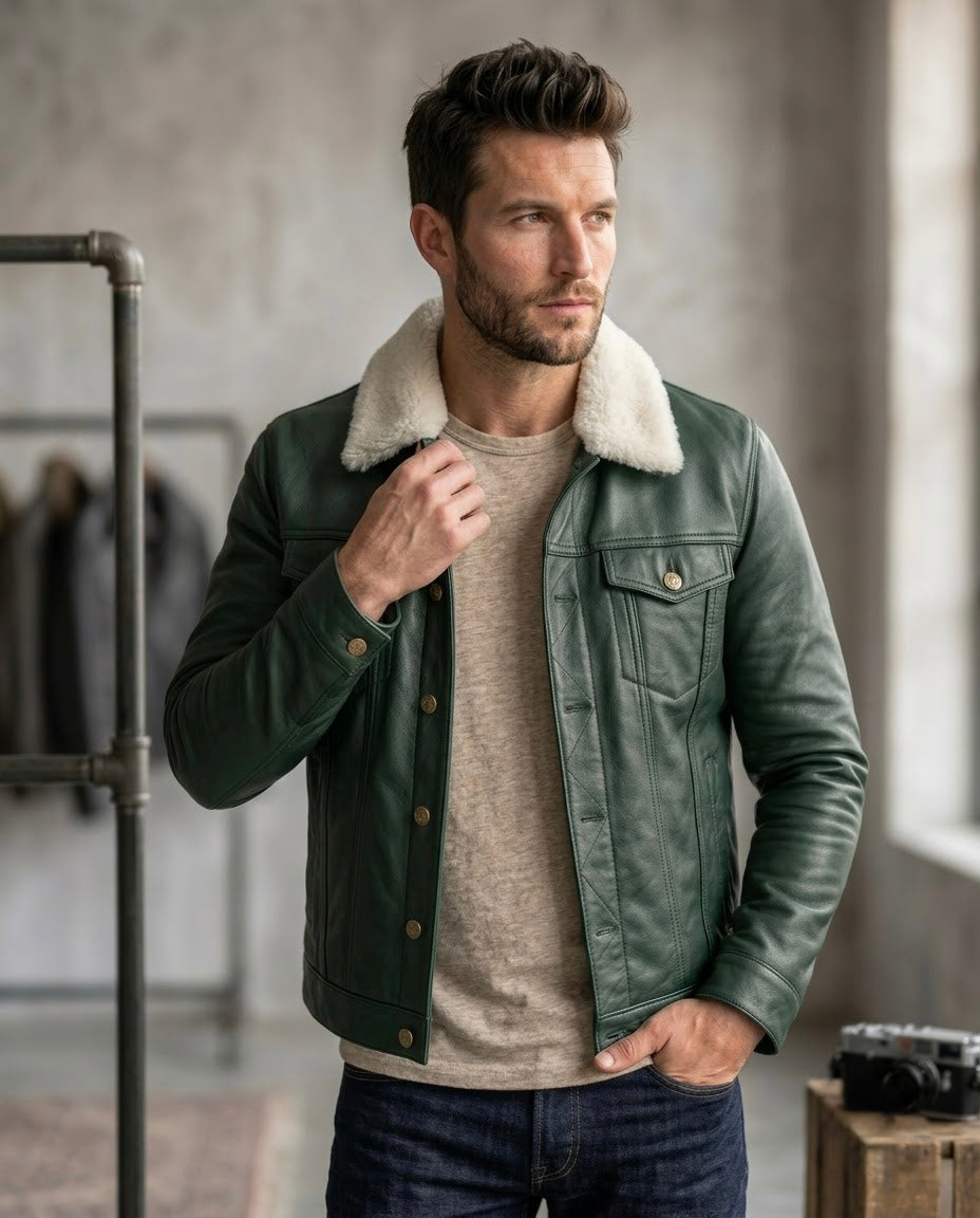 Men's Black Shearling Collar Leather Jacket