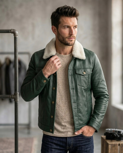 Men's Black Shearling Collar Leather Jacket