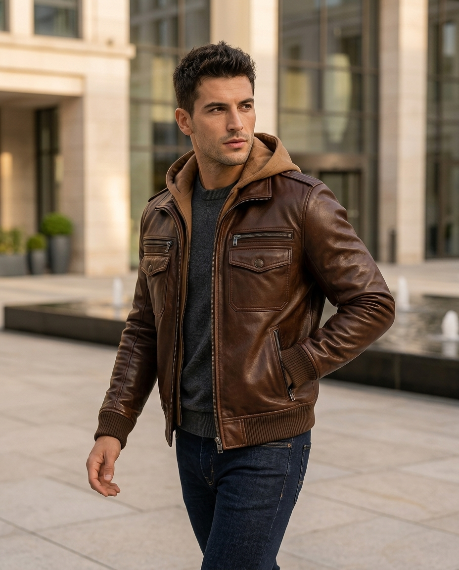 Men's Brown Hooded Leather Bomber Jacket