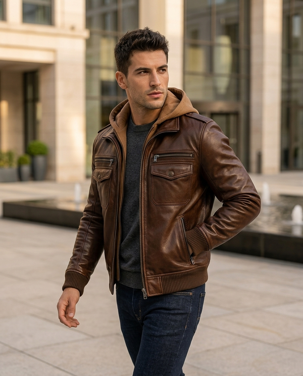 Men's Brown Hooded Leather Bomber Jacket