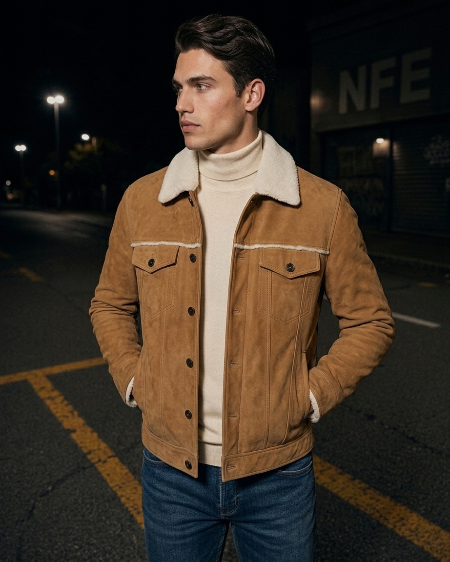 Men's Tan Suede Shearling Collar Jacket