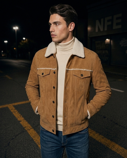 Men's Tan Suede Shearling Collar Jacket