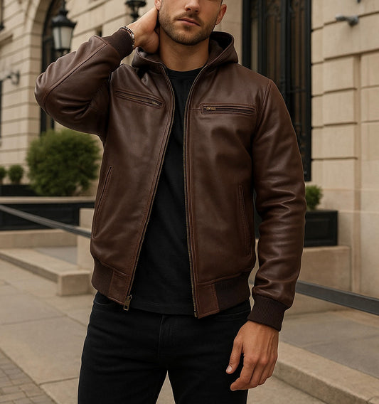 Men's Brown Leather Bomber Jacket with Hood
