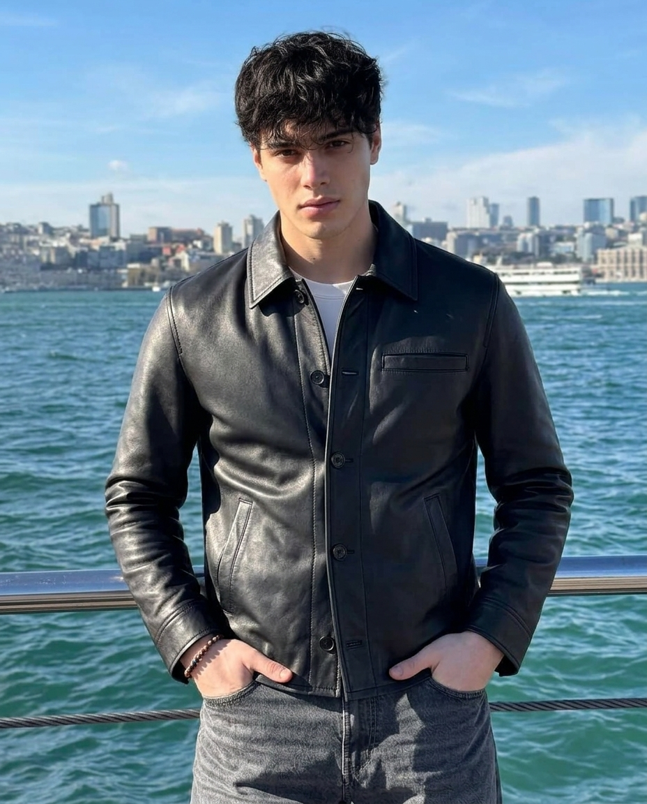 Men's Classic Black Leather Button-Up Jacket